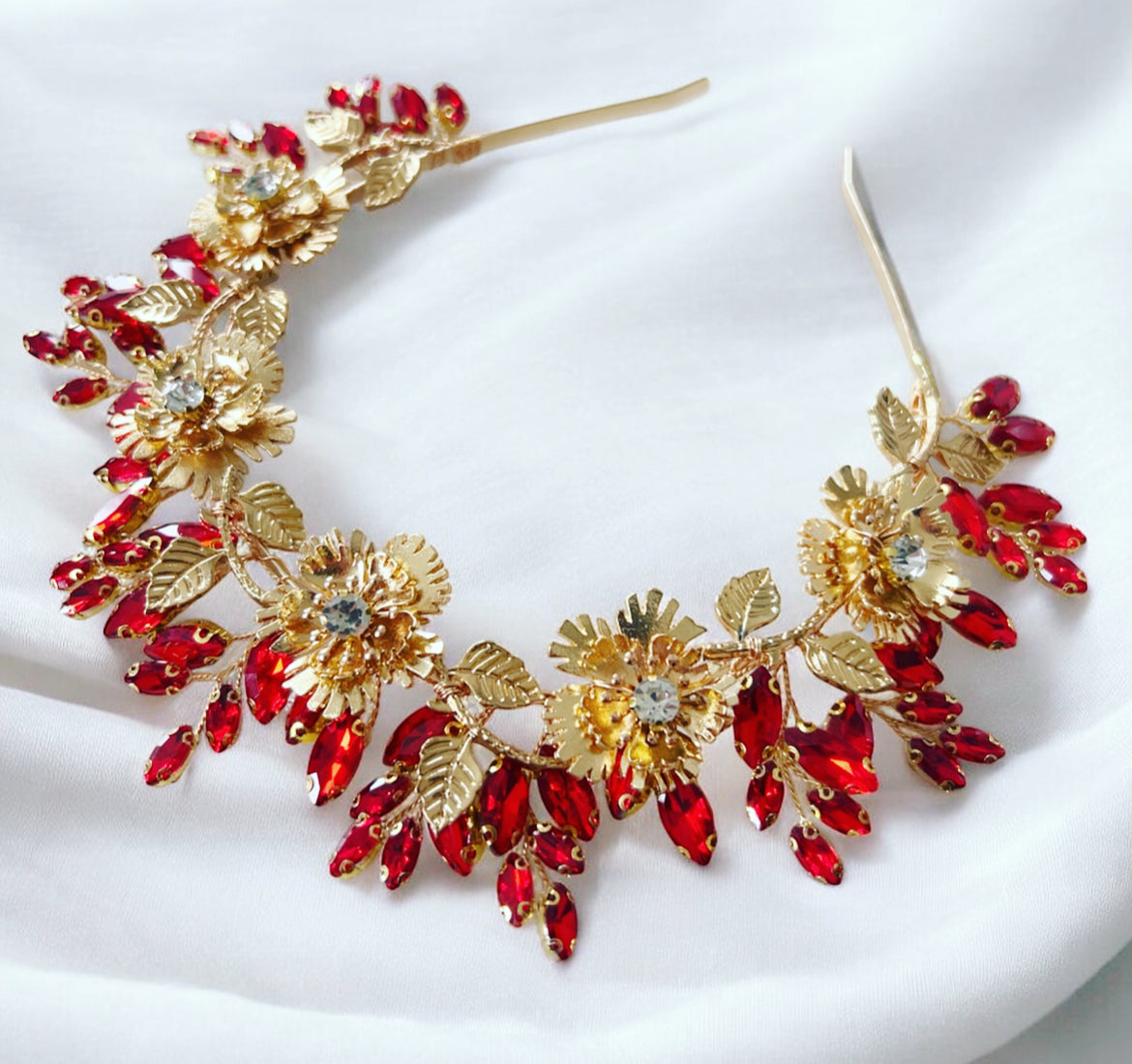 Solstice Crown- Red Crystal & Gold Flower Headpiece