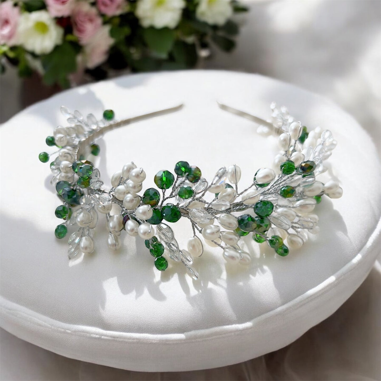 Green crystal and pearl headband