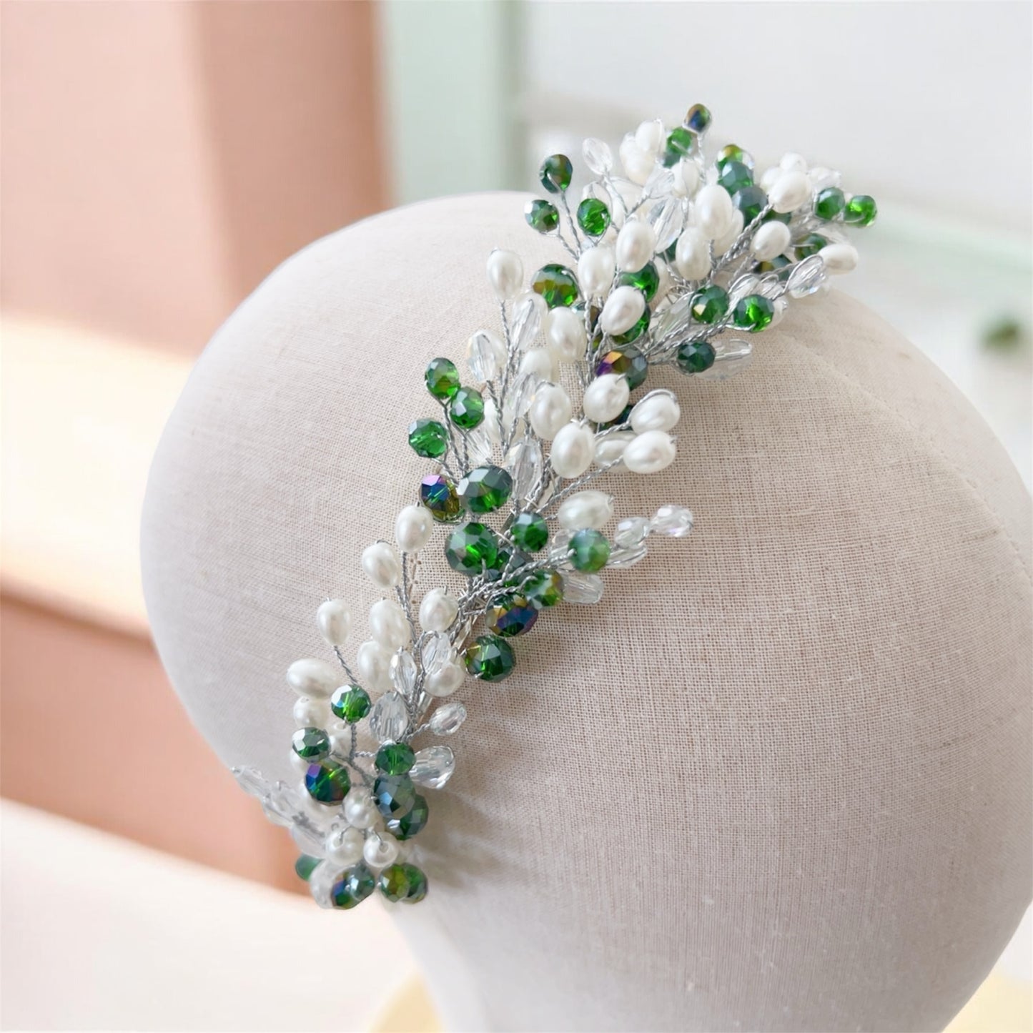 Green crystal and pearl headband