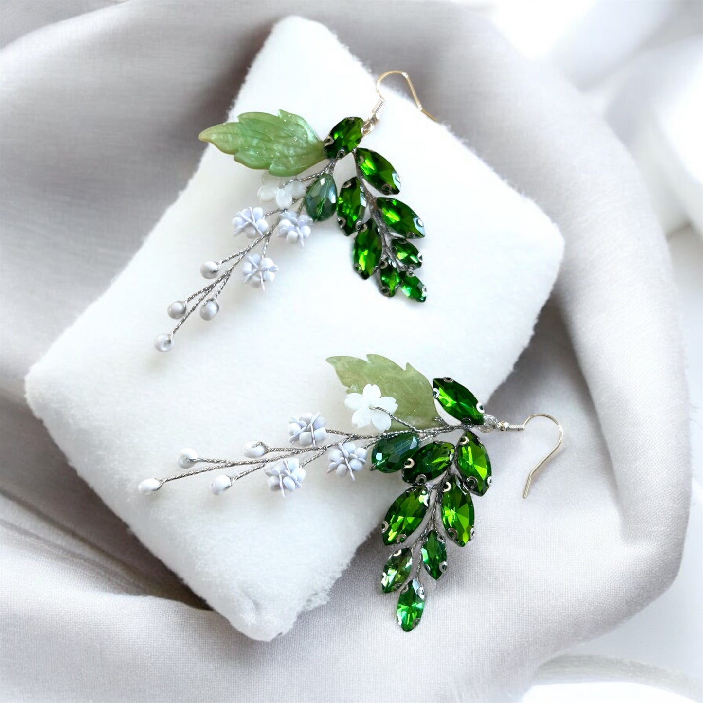 Green Crystal and White Flower Earrings
