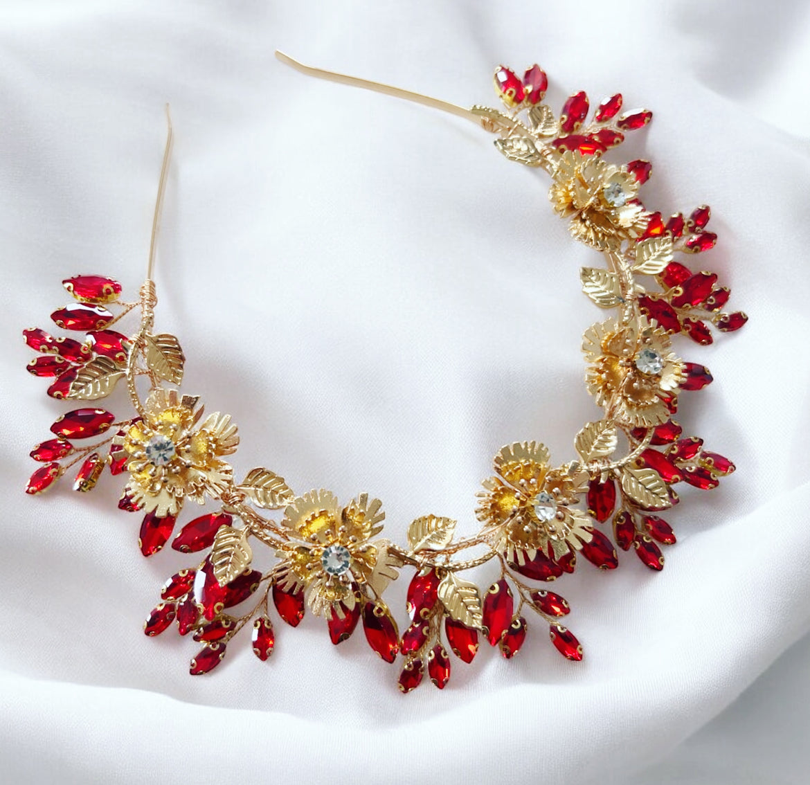 Solstice Crown- Red Crystal & Gold Flower Headpiece