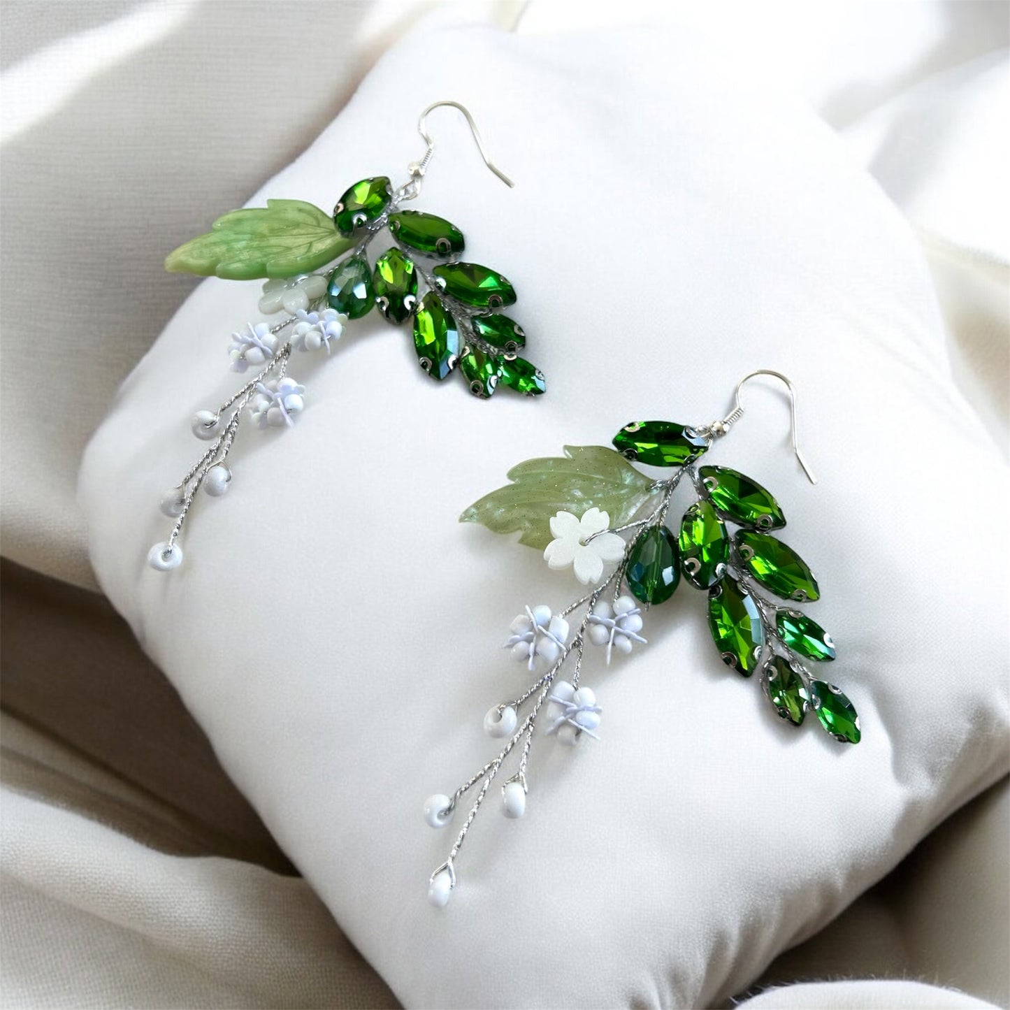 Green Crystal and White Flower Earrings