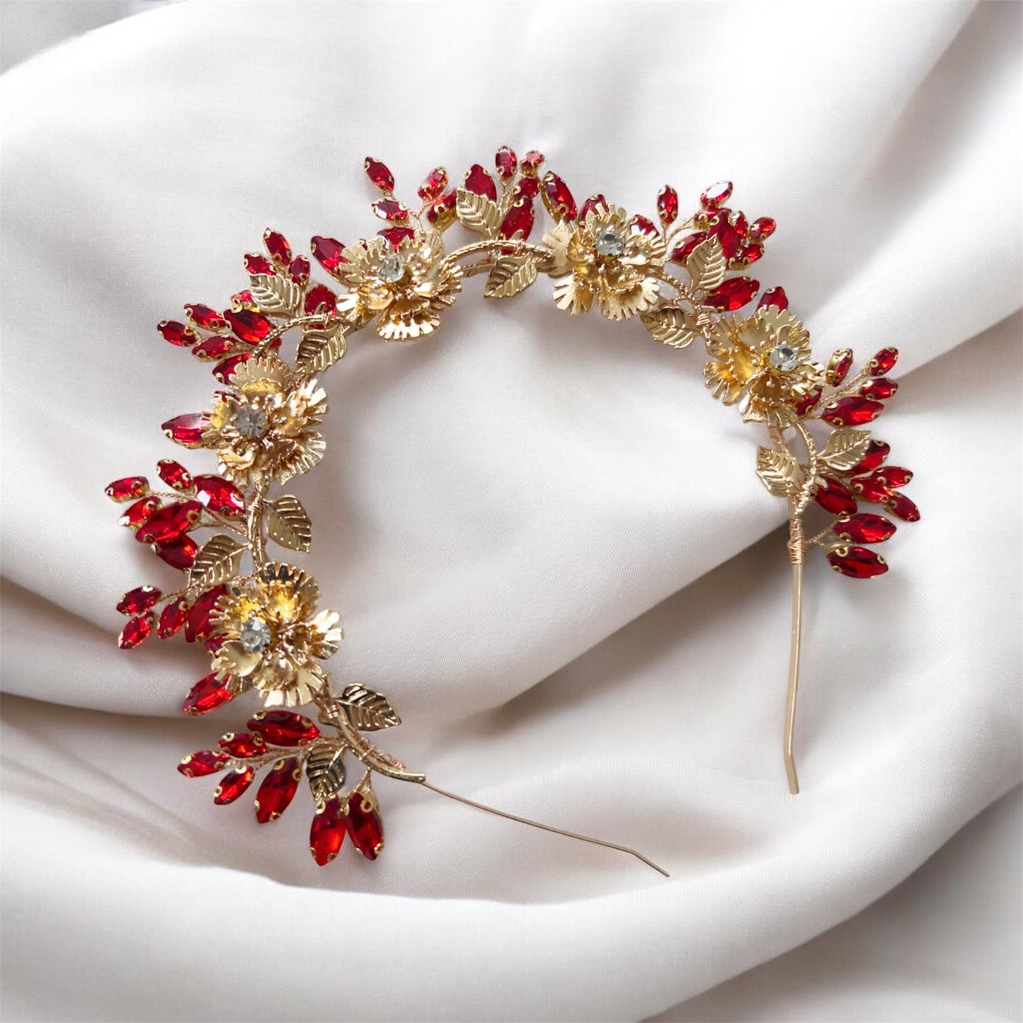 Solstice Crown- Red Crystal & Gold Flower Headpiece