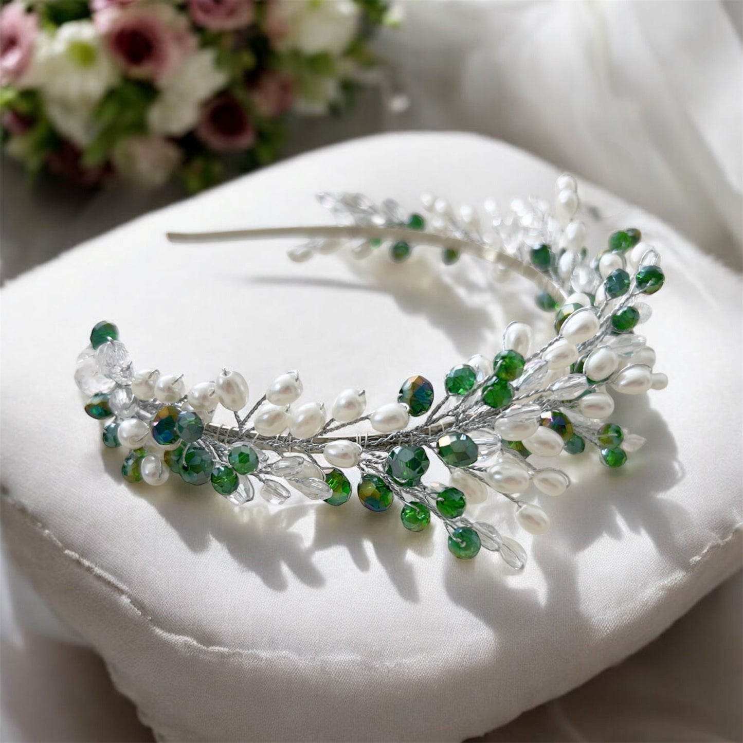 Green crystal and pearl headband