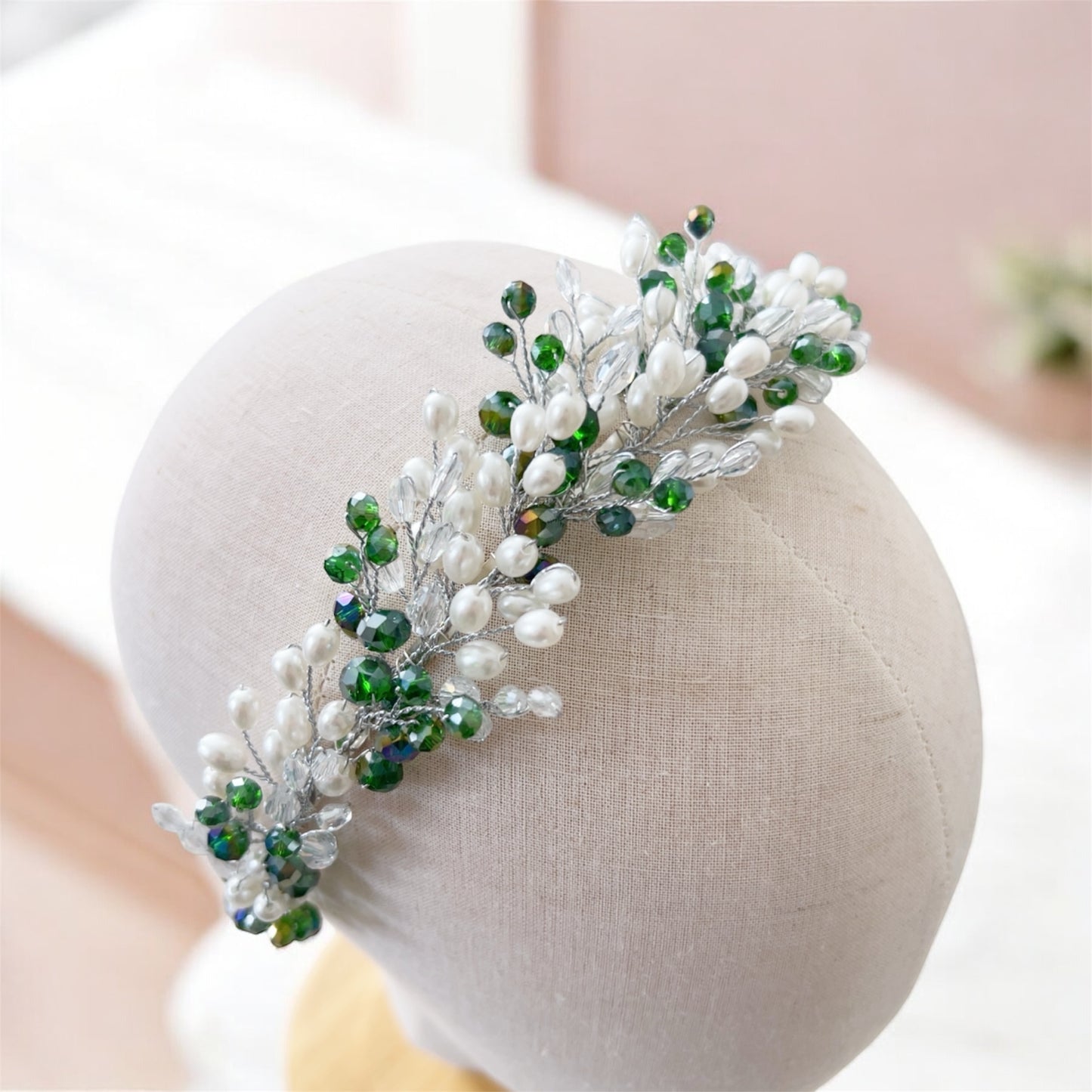 Green crystal and pearl headband