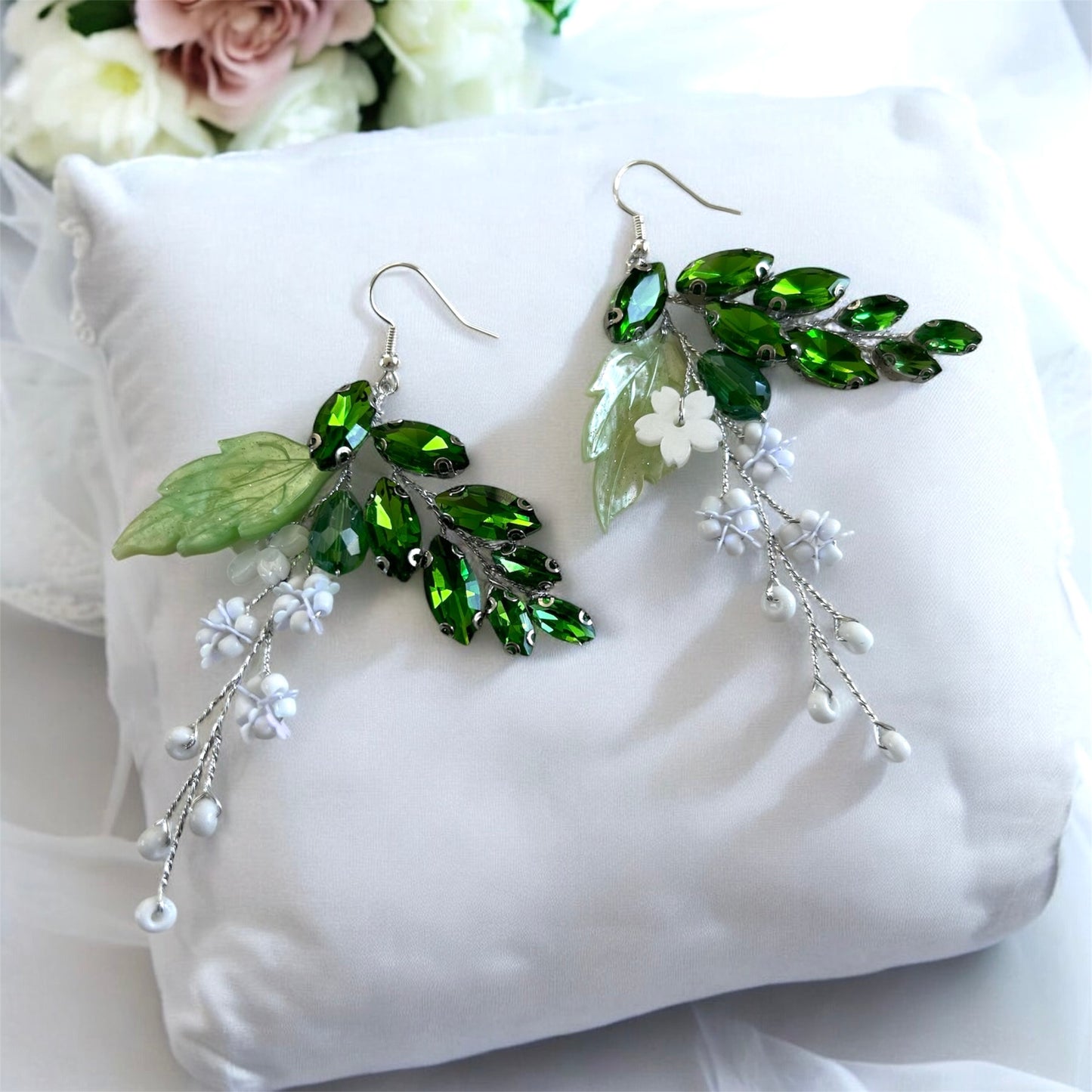 Green Crystal and White Flower Earrings