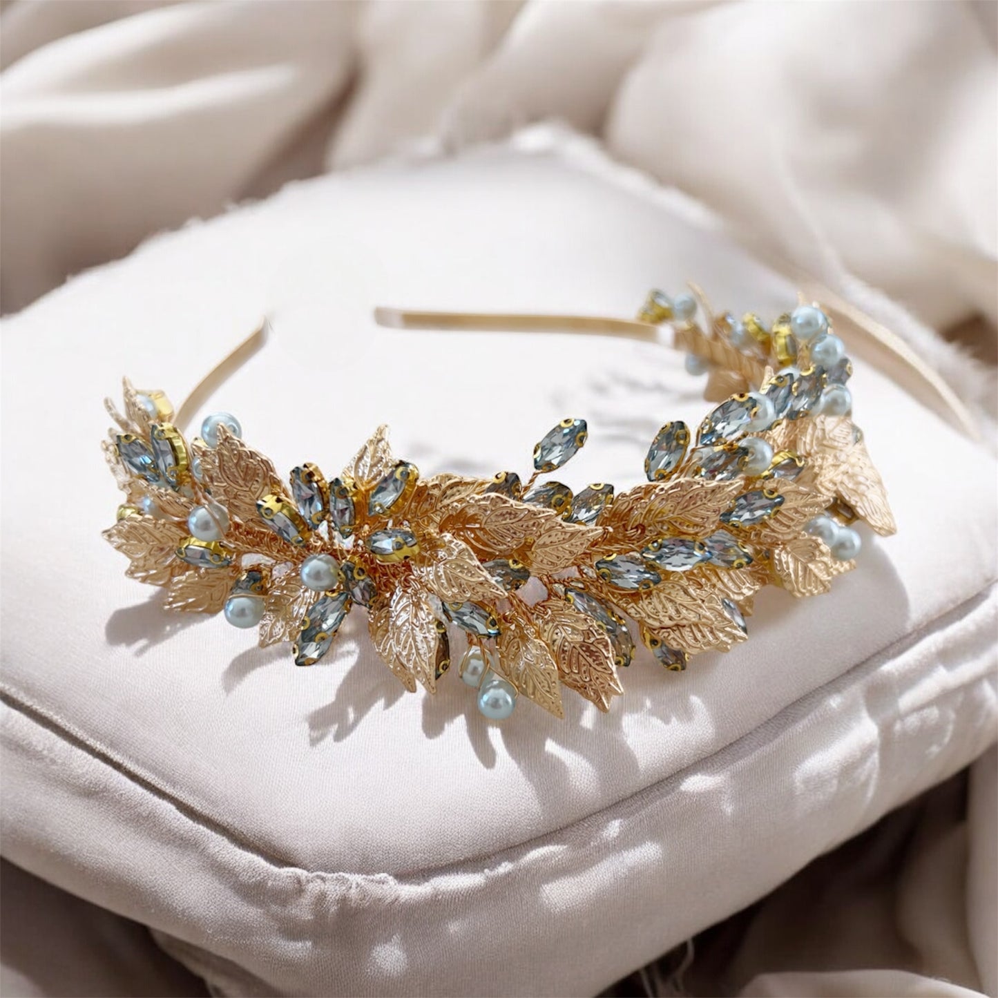 Gold Leaf and Blue Crystal Headband