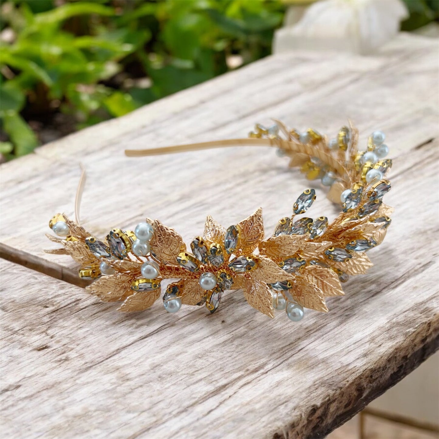 Gold Leaf and Blue Crystal Headband