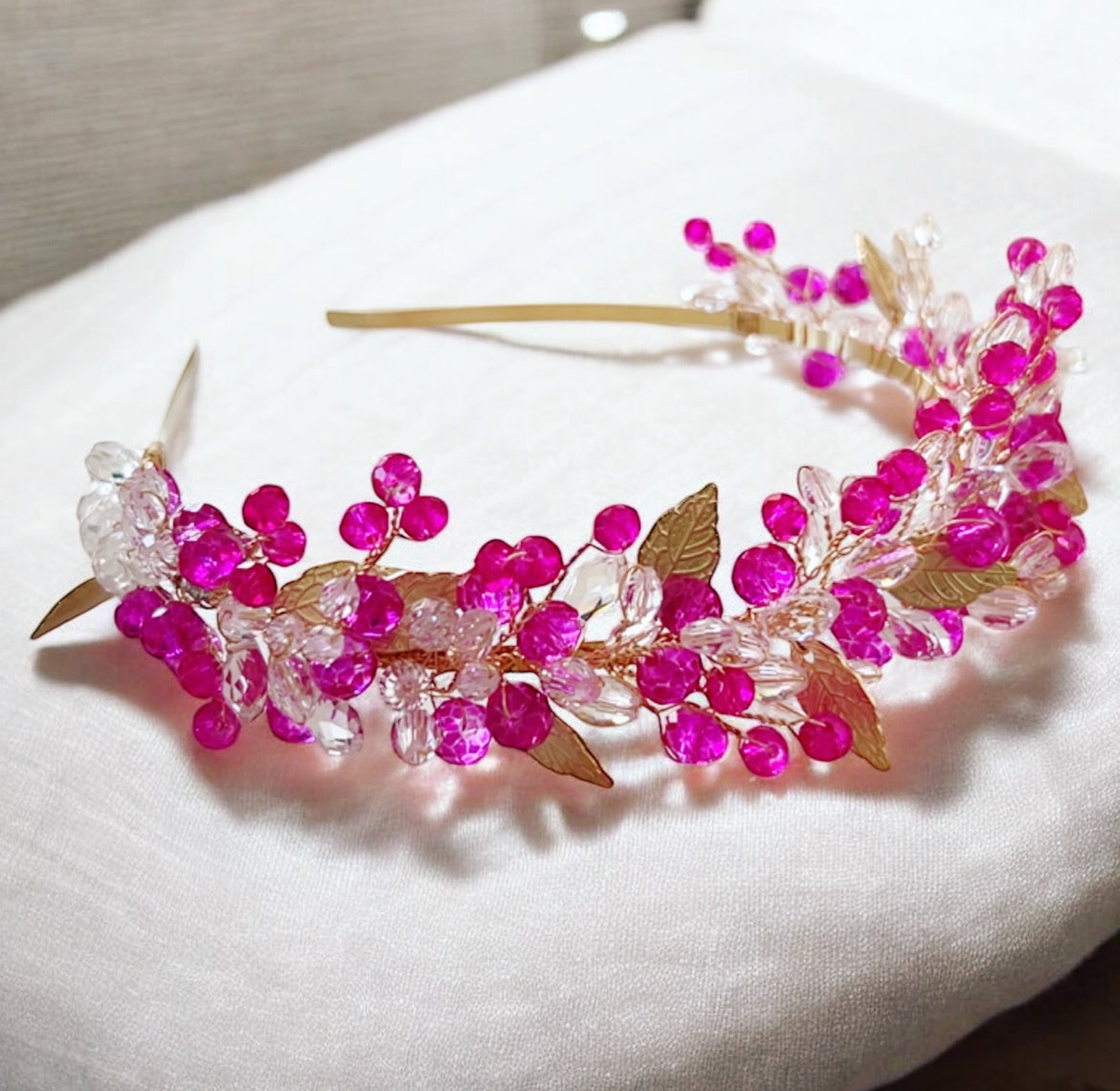 Pink Crystal and Gold Leaf Headband