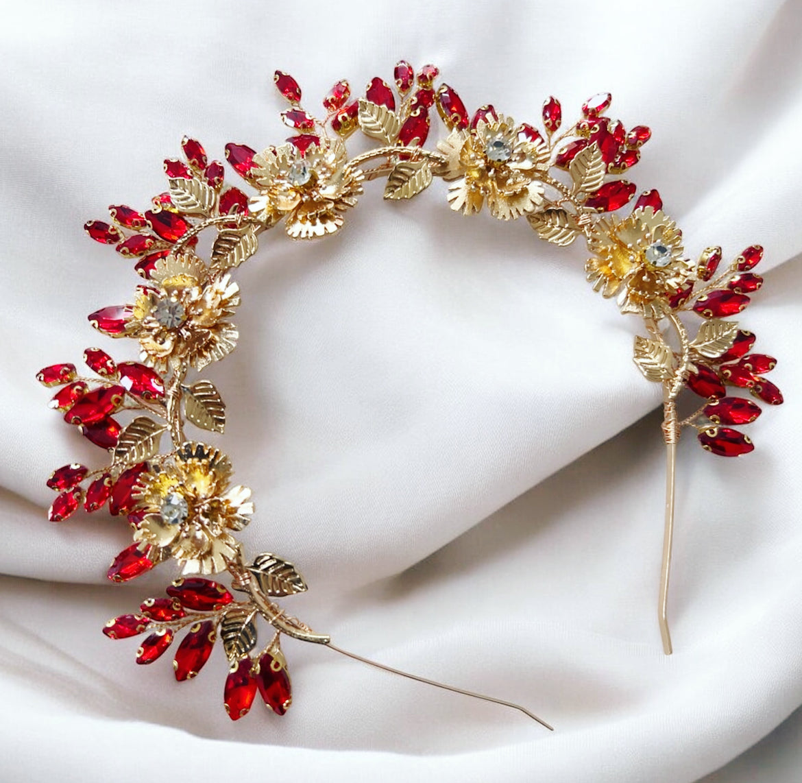 Solstice Crown- Red Crystal & Gold Flower Headpiece