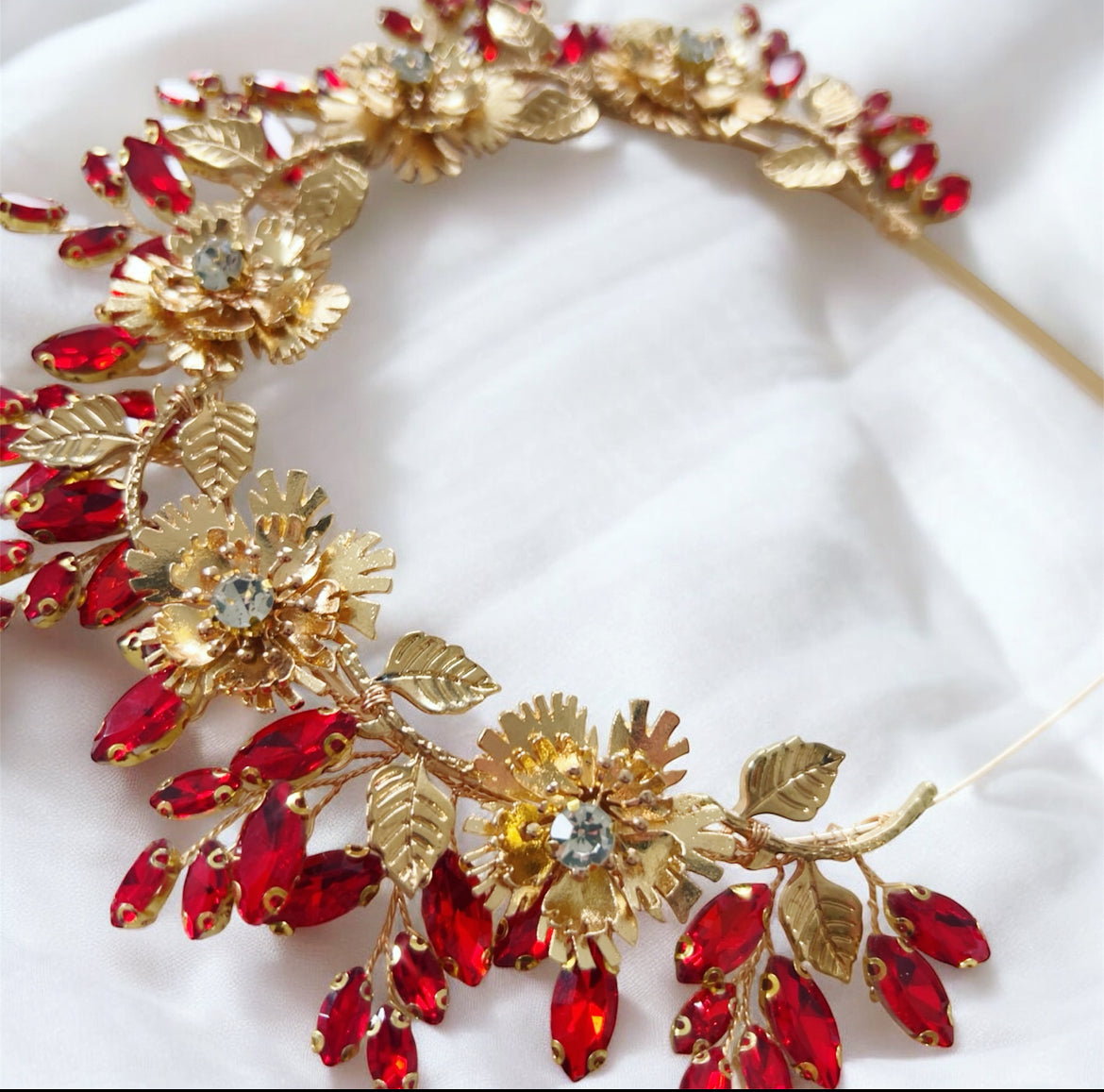 Solstice Crown- Red Crystal & Gold Flower Headpiece