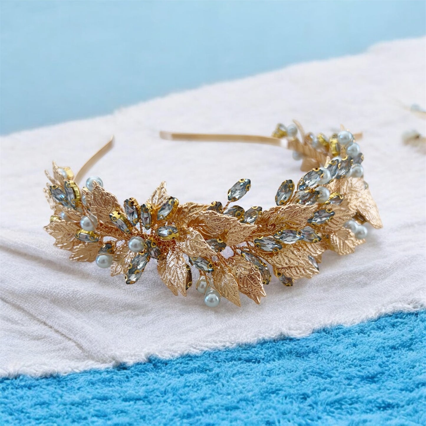 Gold Leaf and Blue Crystal Headband