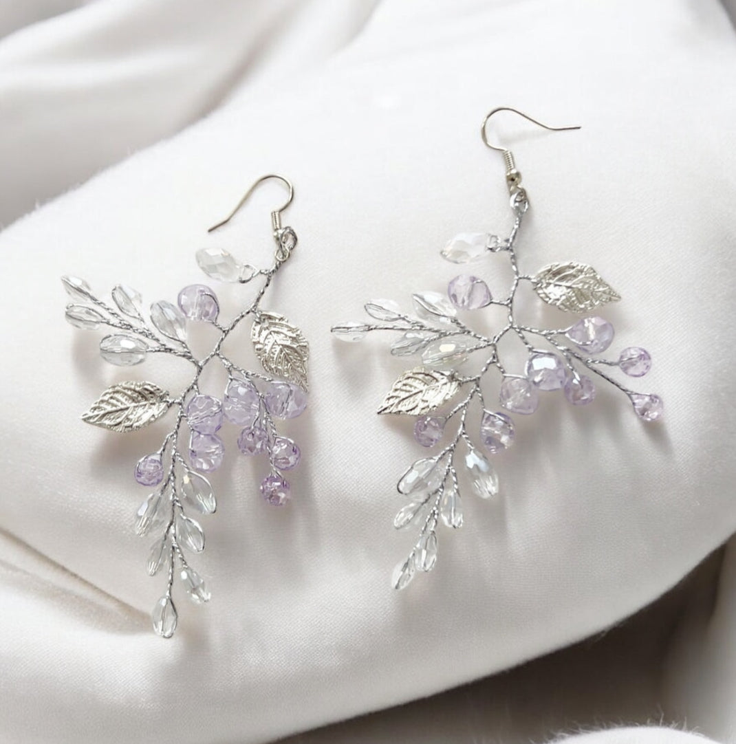 Lilac crystal and silver leaf earrings