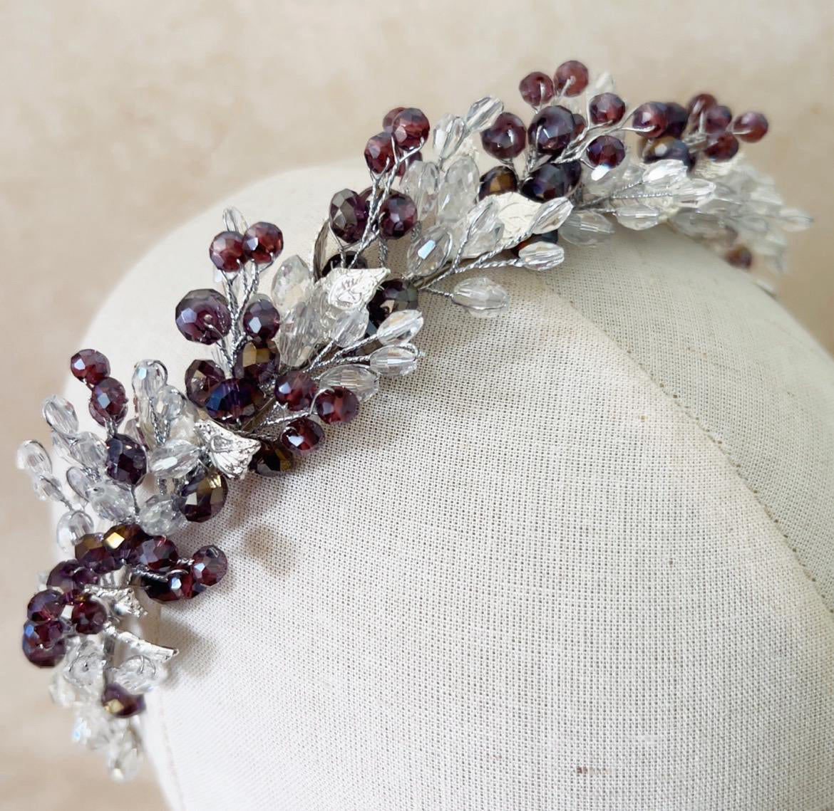 Purple Crystal And Silver Leaf Headband