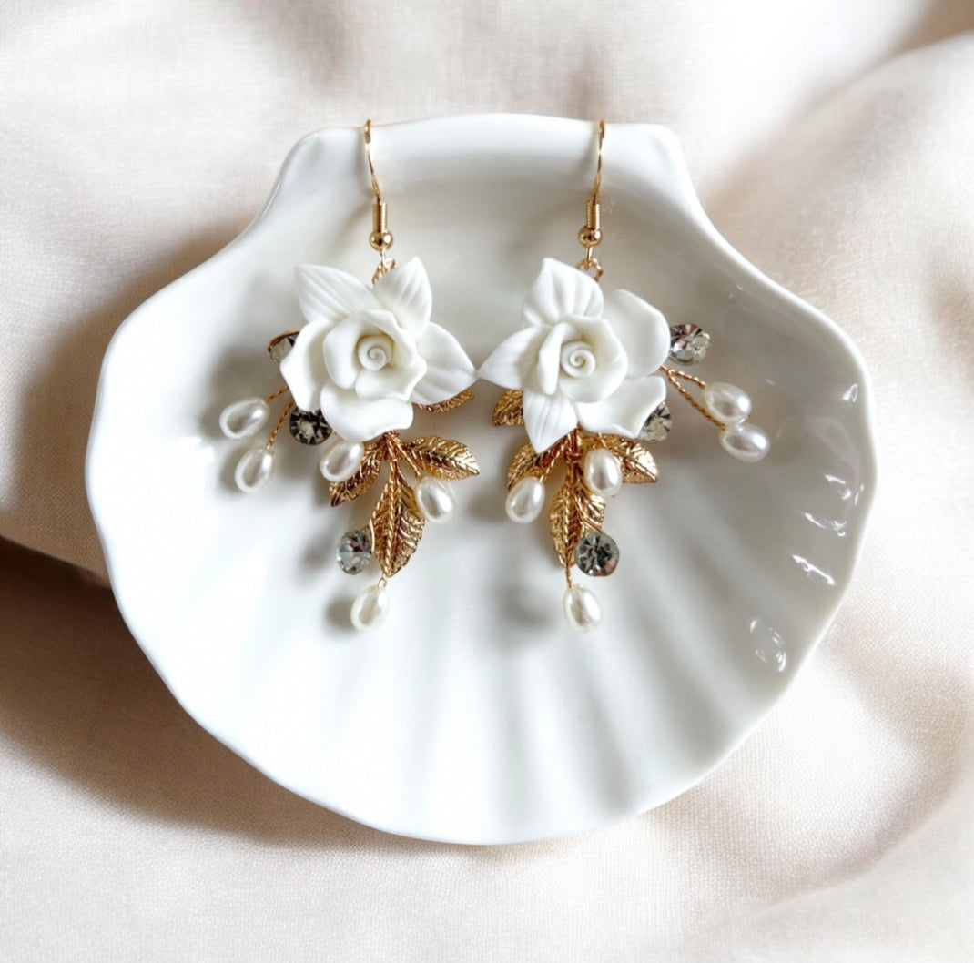 White flower and Gold leaf bridal earrings