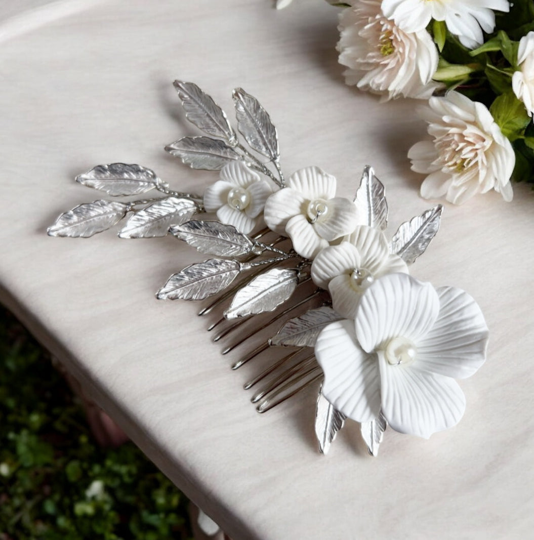 White and silver Bridal hair comb