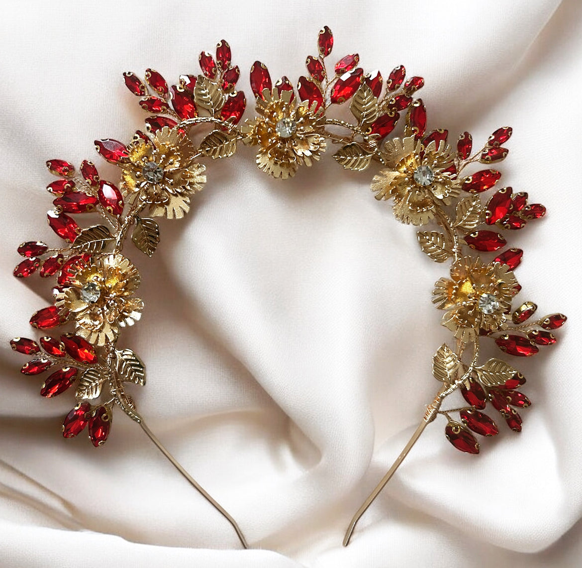 Solstice Crown- Red Crystal & Gold Flower Headpiece