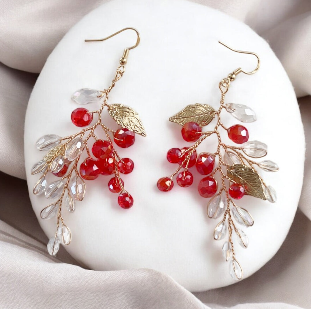 Red crystal and gold leaf earrings