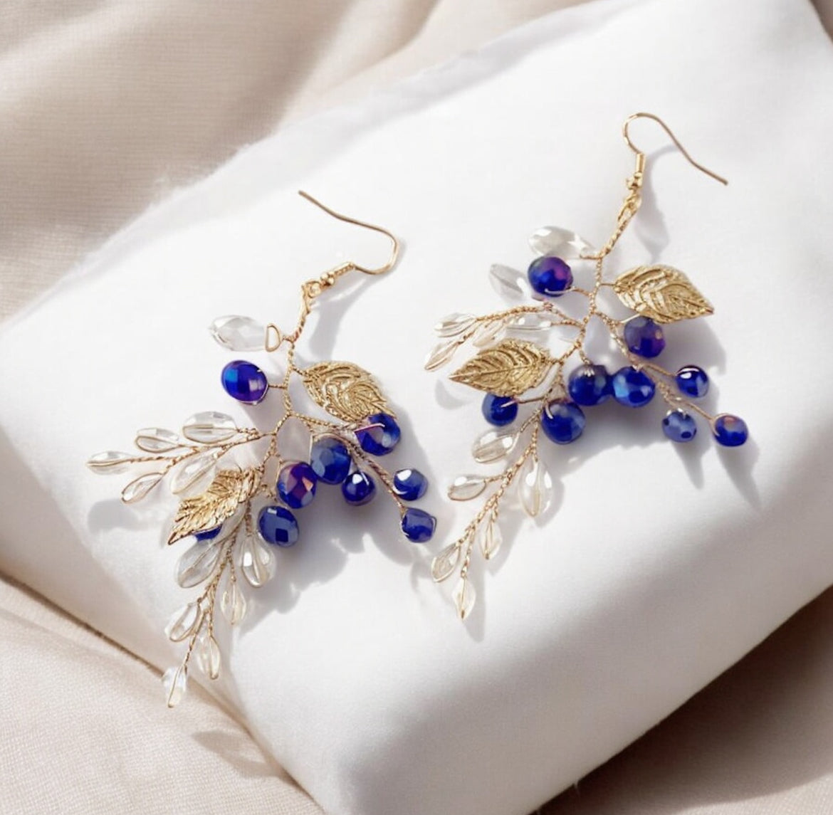 Royal blue crystal and gold leaf earrings