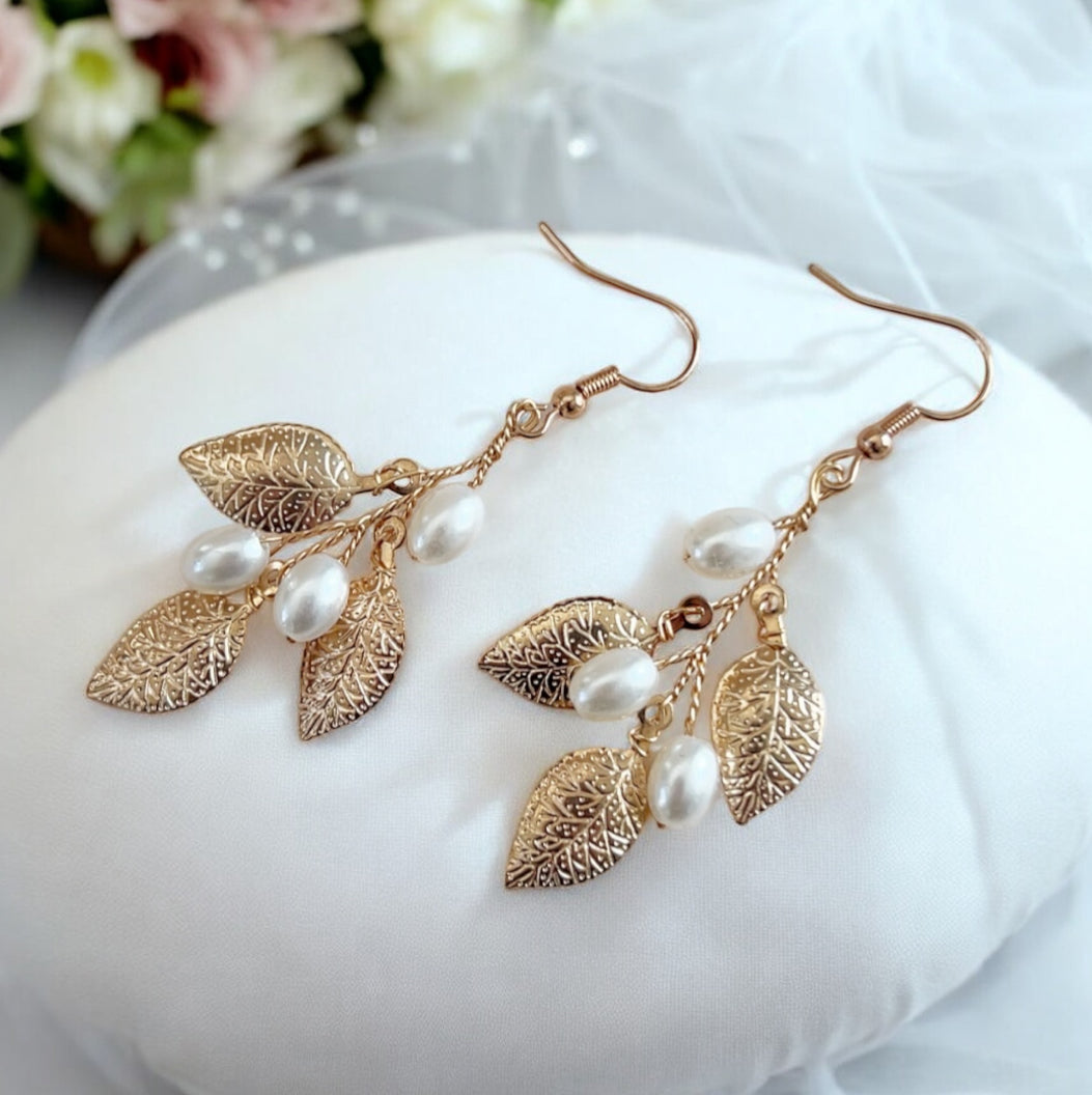 Gold leaf and Pearl bridal earrings