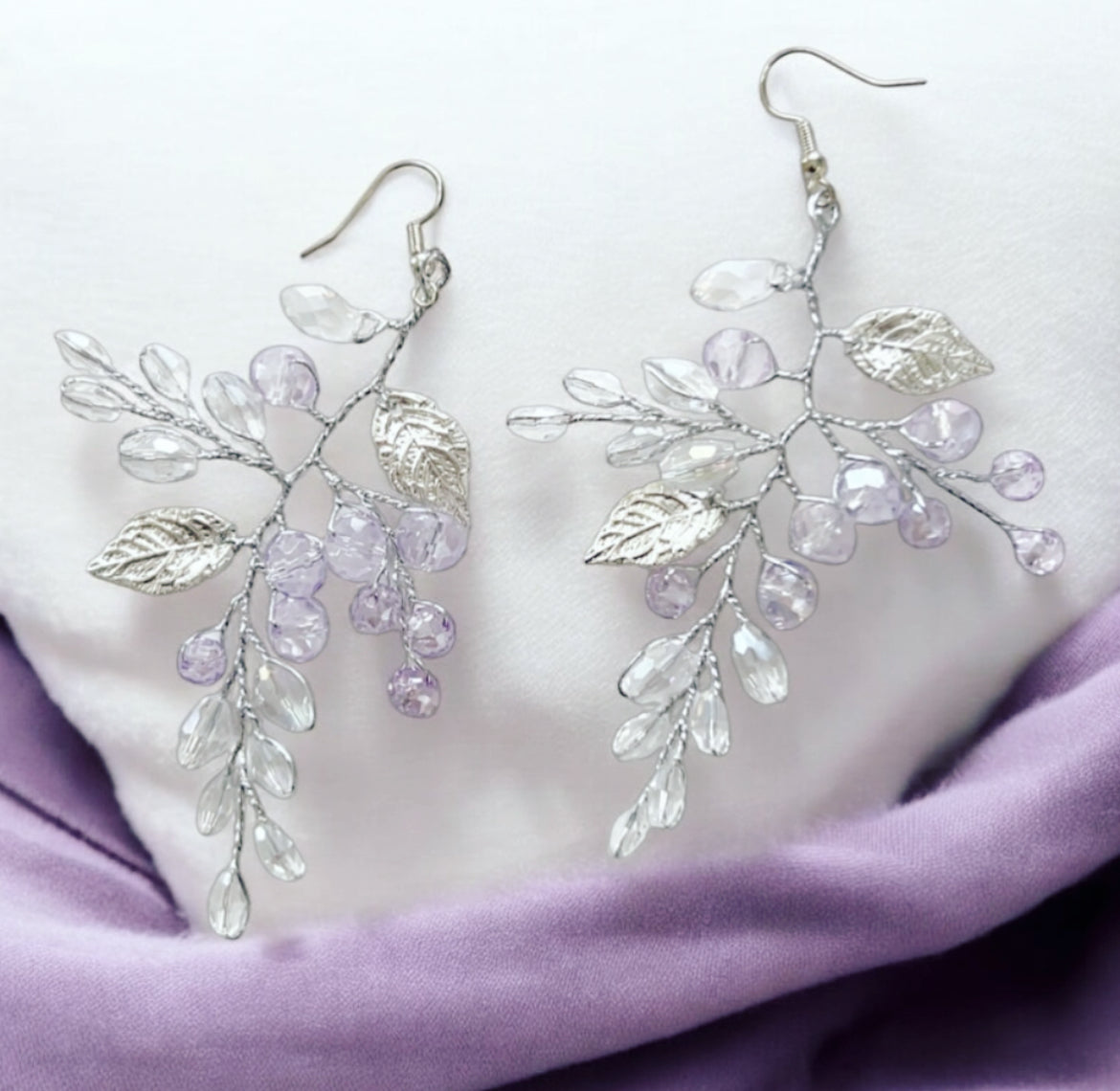 Lilac crystal and silver leaf earrings