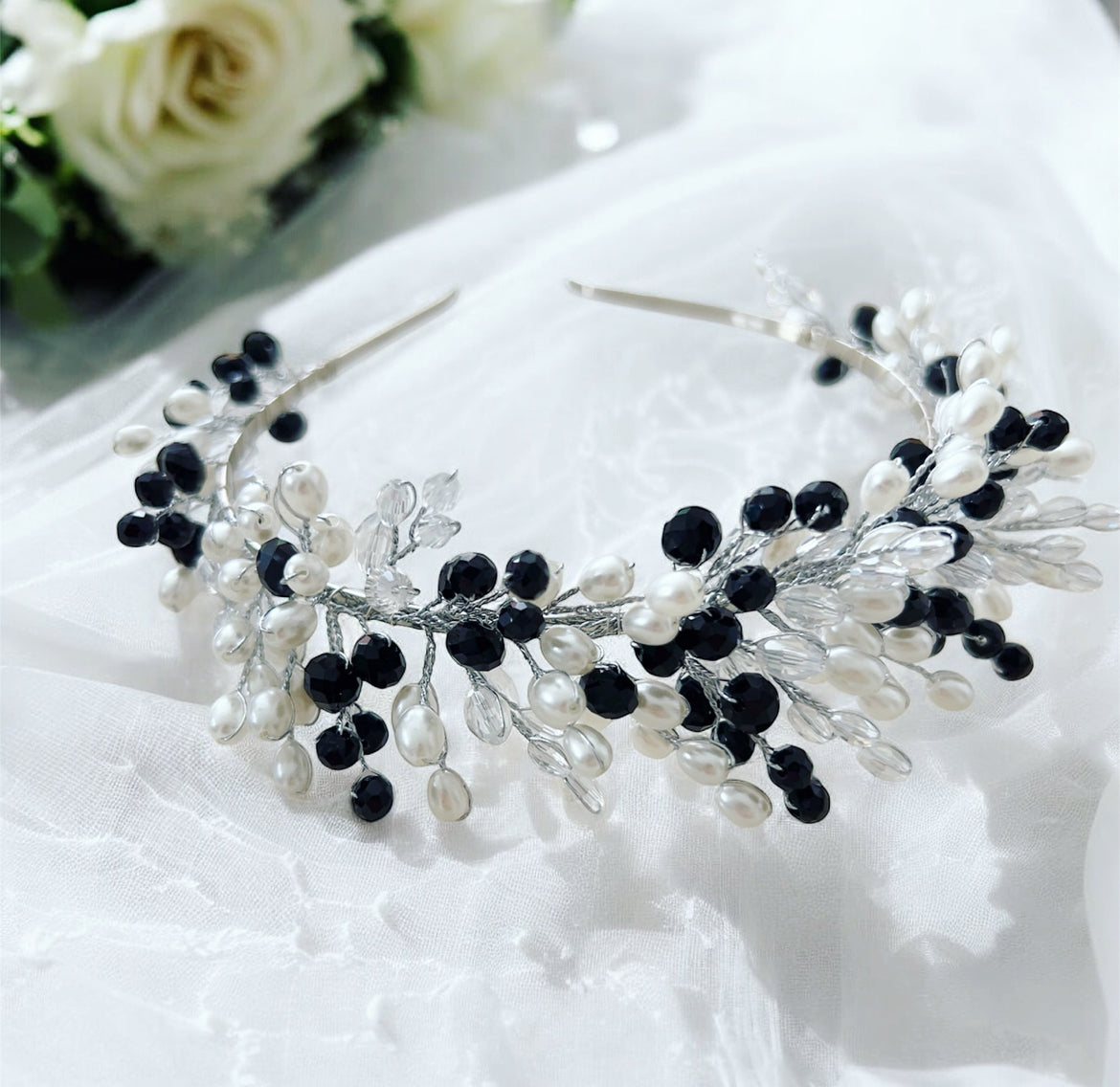 Black crystal and pearl headband