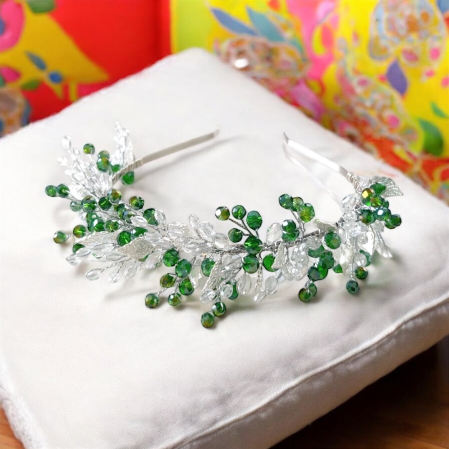 Green bohemian inspired bridal headpiece