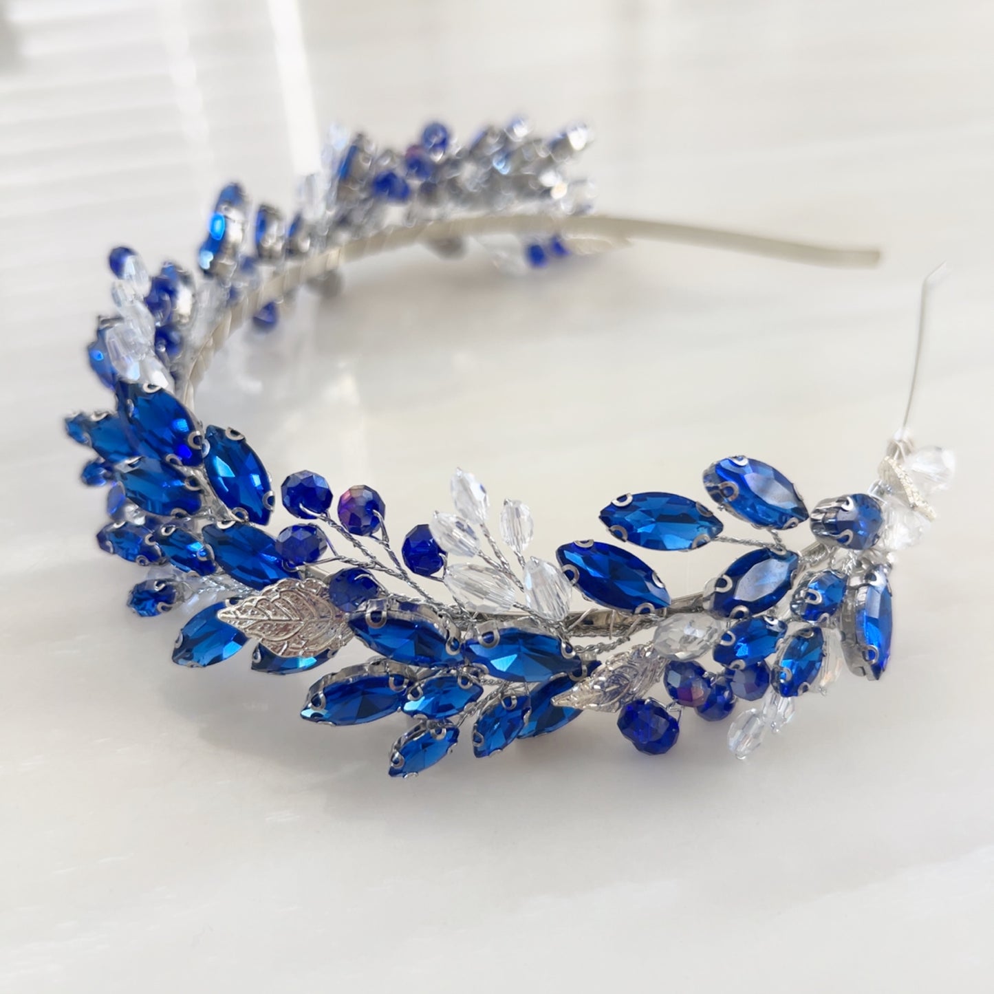 Royal Blue Headband with silver leaves