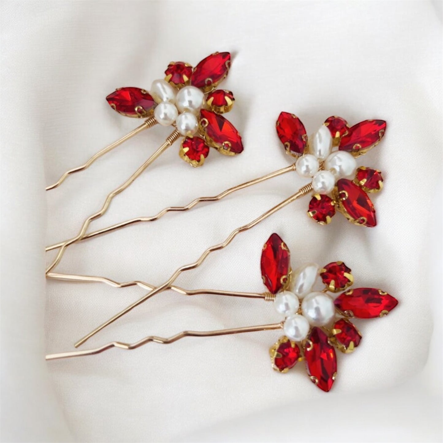 Red Crystal and Pearl Hair Pins