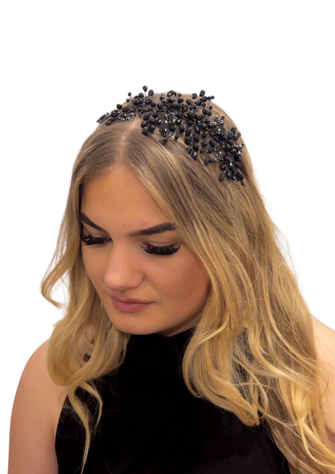 Black crystal vintage style side headpiece - Petal & Pearl