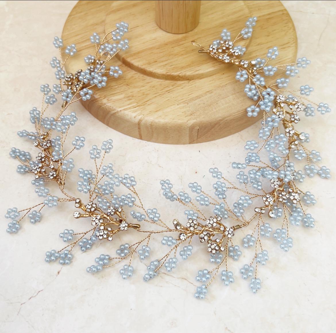 Blue Beaded gypsophila bridal hair vine - Petal & Pearl