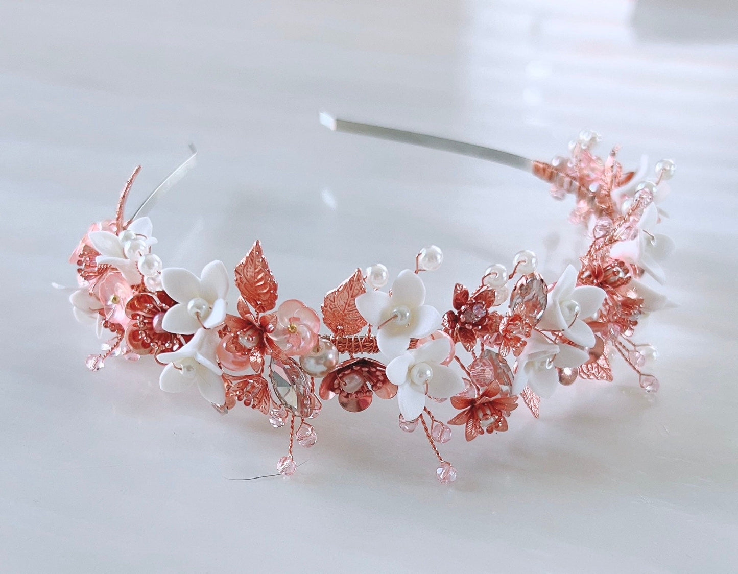 Blush pink bridal headband with white porcelain flowers - Petal & Pearl