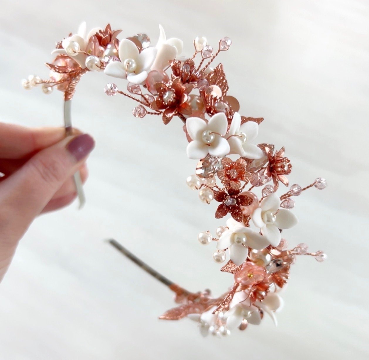 Blush pink bridal headband with white porcelain flowers - Petal & Pearl