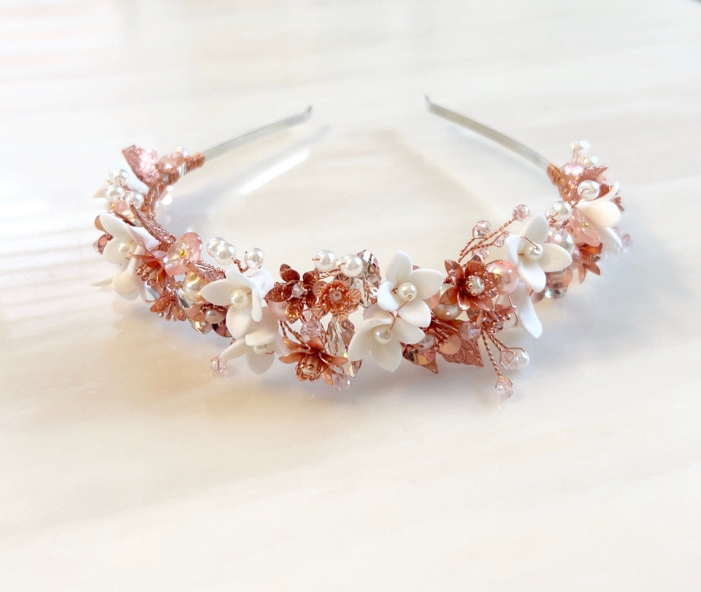 Blush pink bridal headband with white porcelain flowers - Petal & Pearl
