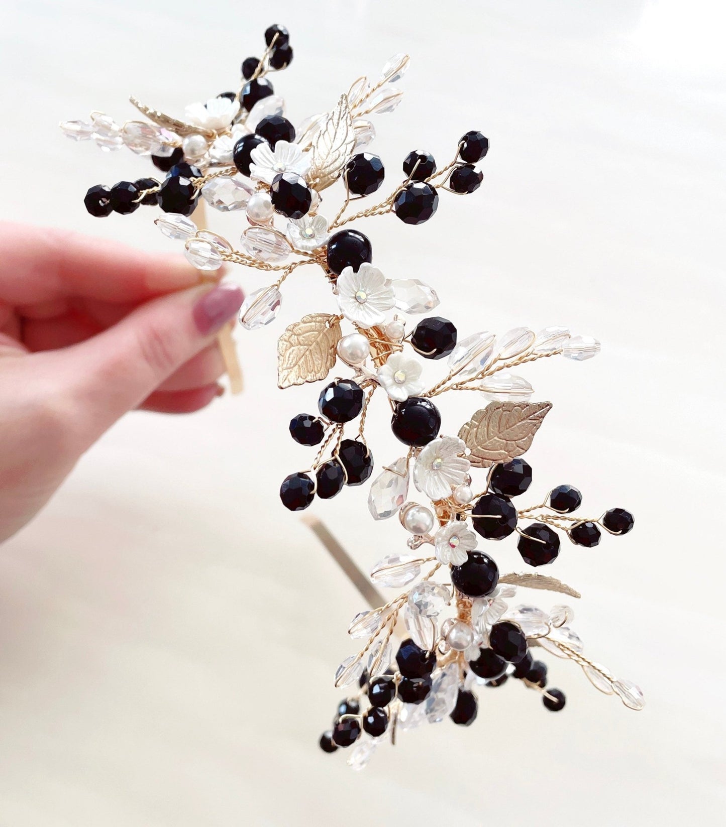 Bohemian Black and white flower bridal headpiece - Petal & Pearl