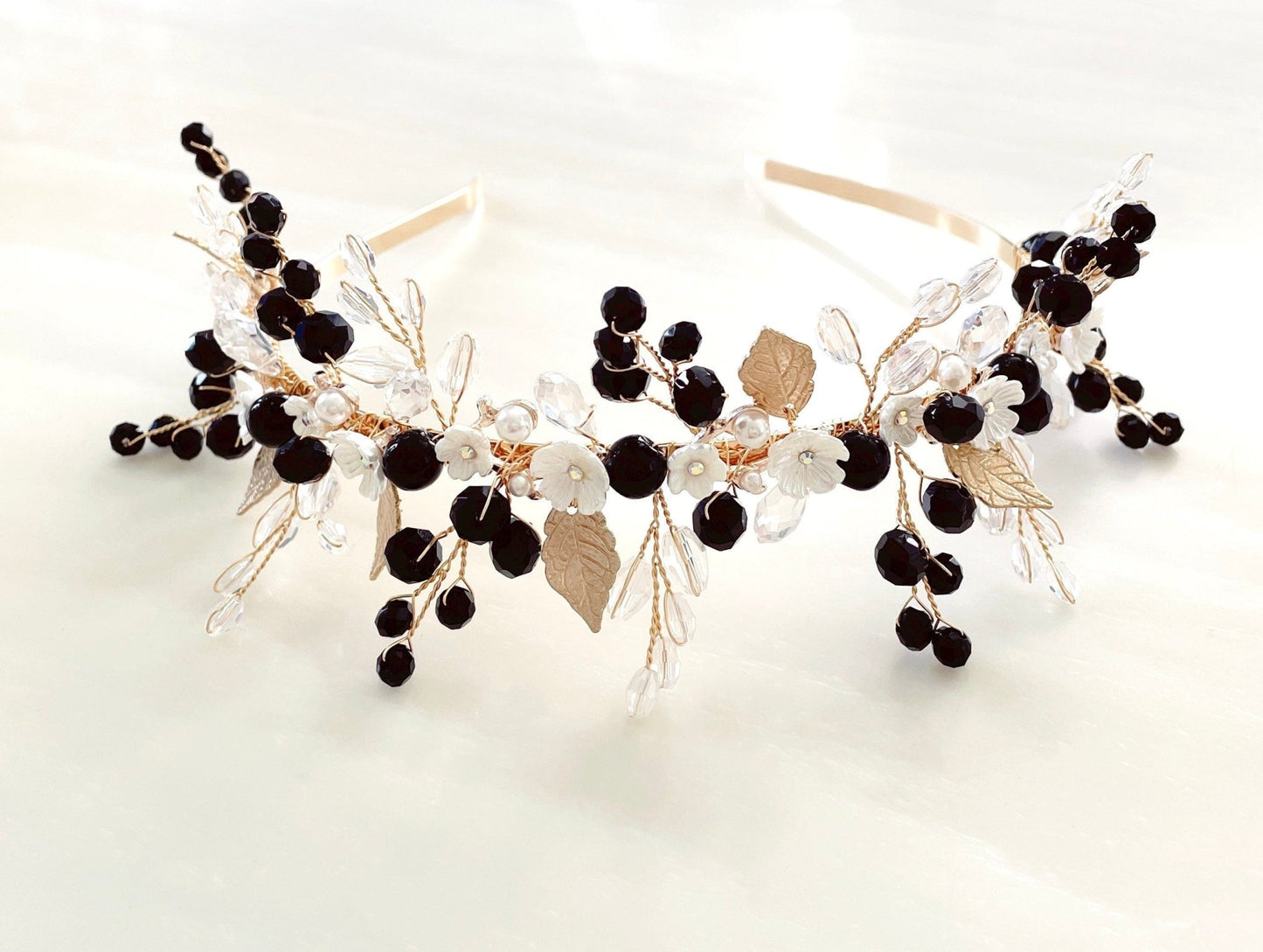 Bohemian Black and white flower bridal headpiece - Petal & Pearl