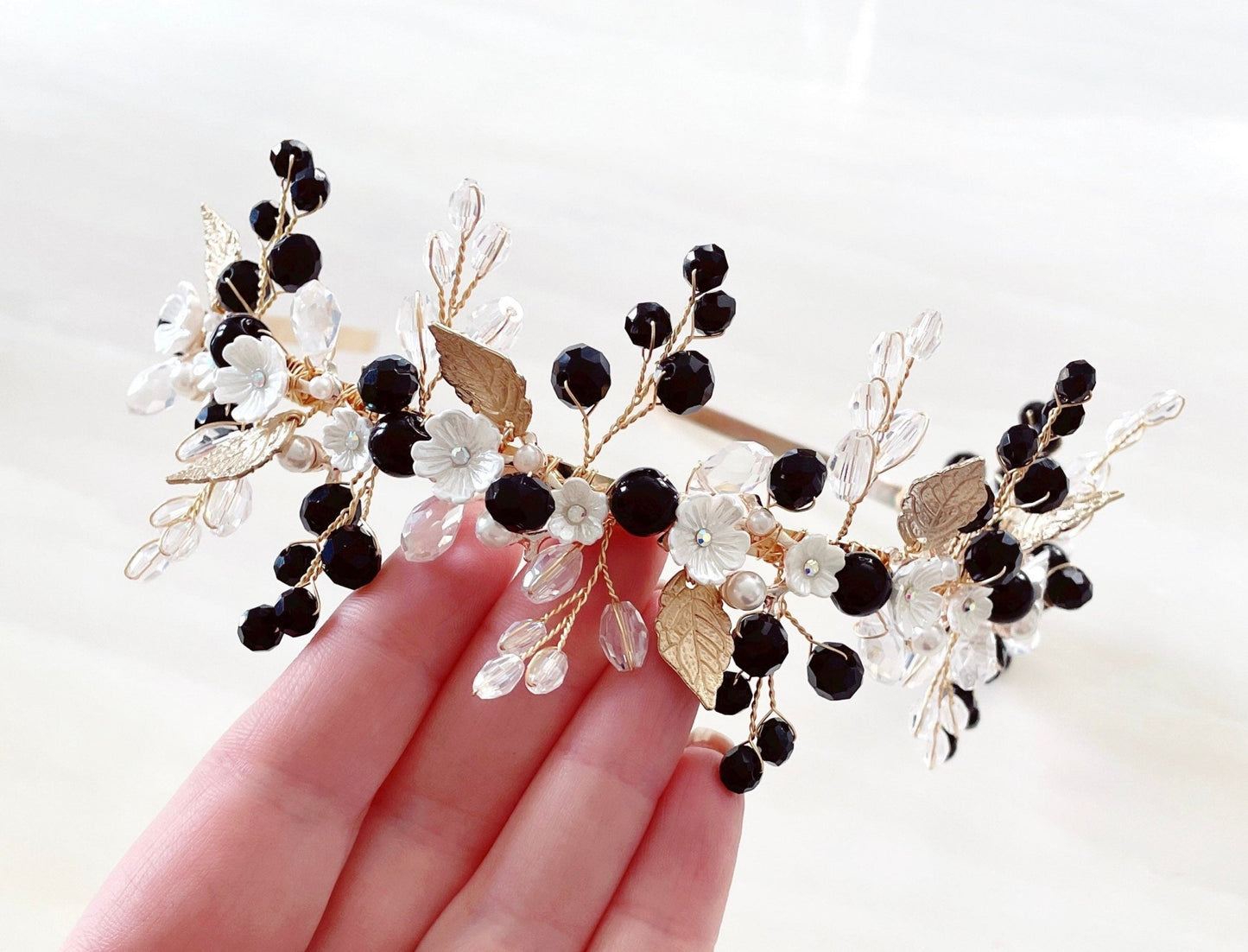 Bohemian Black and white flower bridal headpiece - Petal & Pearl