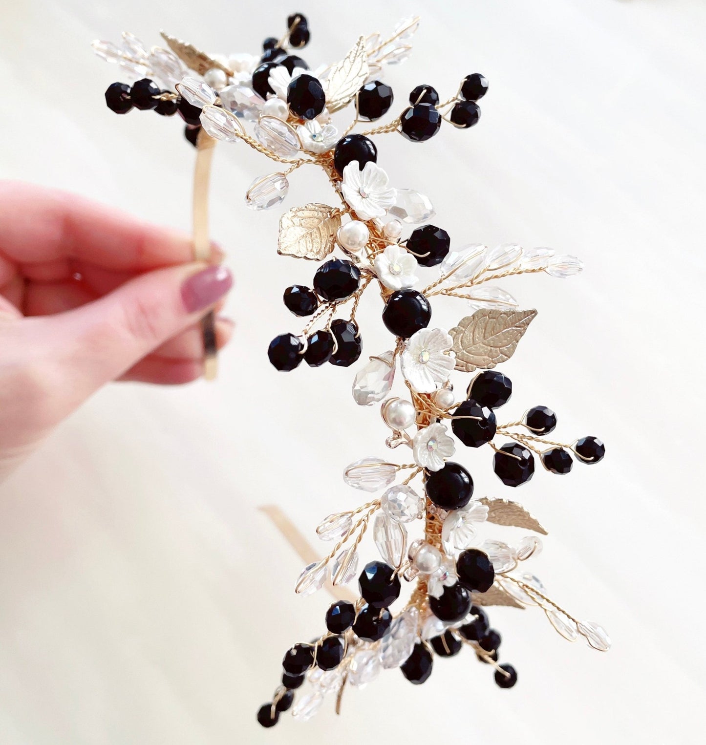 Bohemian Black and white flower bridal headpiece - Petal & Pearl
