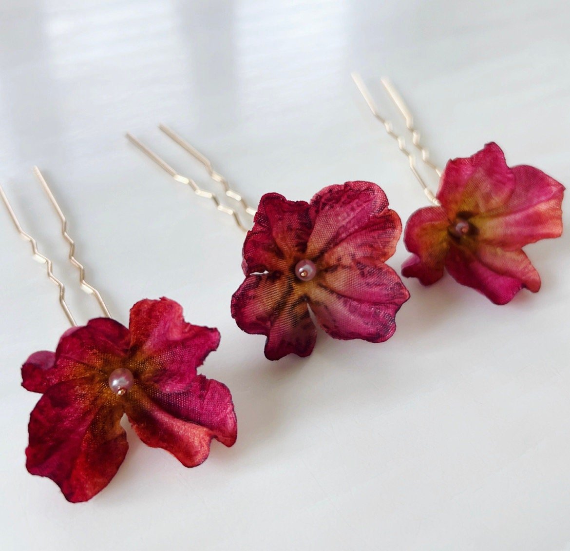 Burgundy red flower hair pins - Petal & Pearl