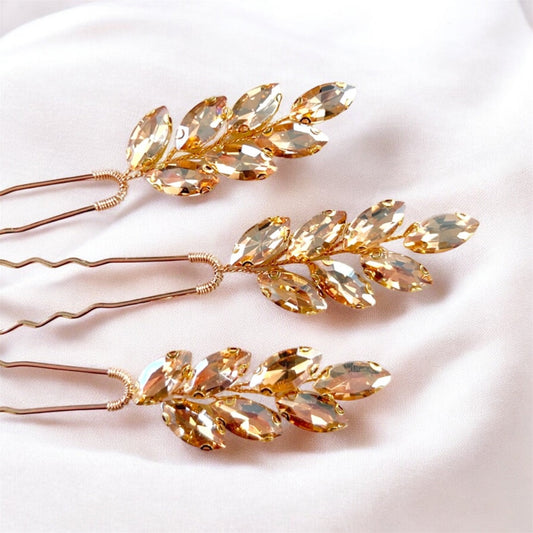 Champagne Gold Crystal Hair Pins - Petal & Pearl
