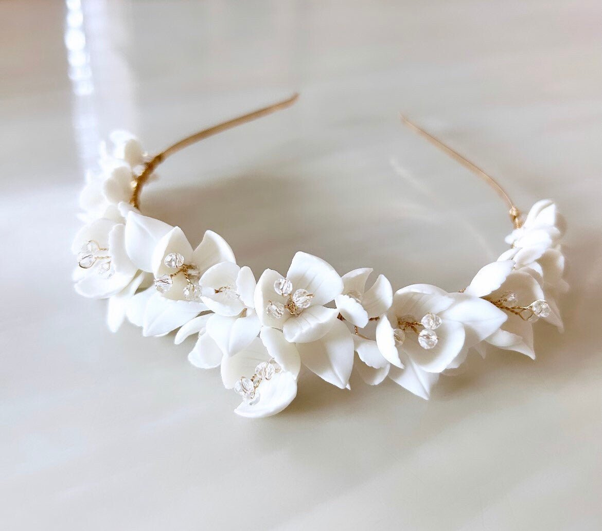 Dahlia White bridal porcelain flower hair piece - Petal & Pearl