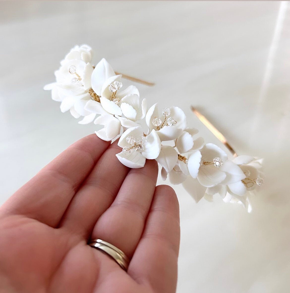 Dahlia White bridal porcelain flower hair piece - Petal & Pearl