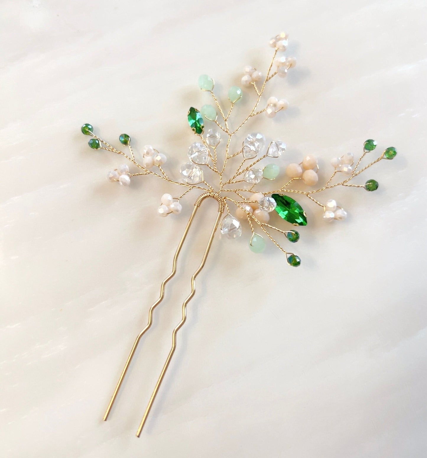 Gold and green crystal hair pin - Petal & Pearl