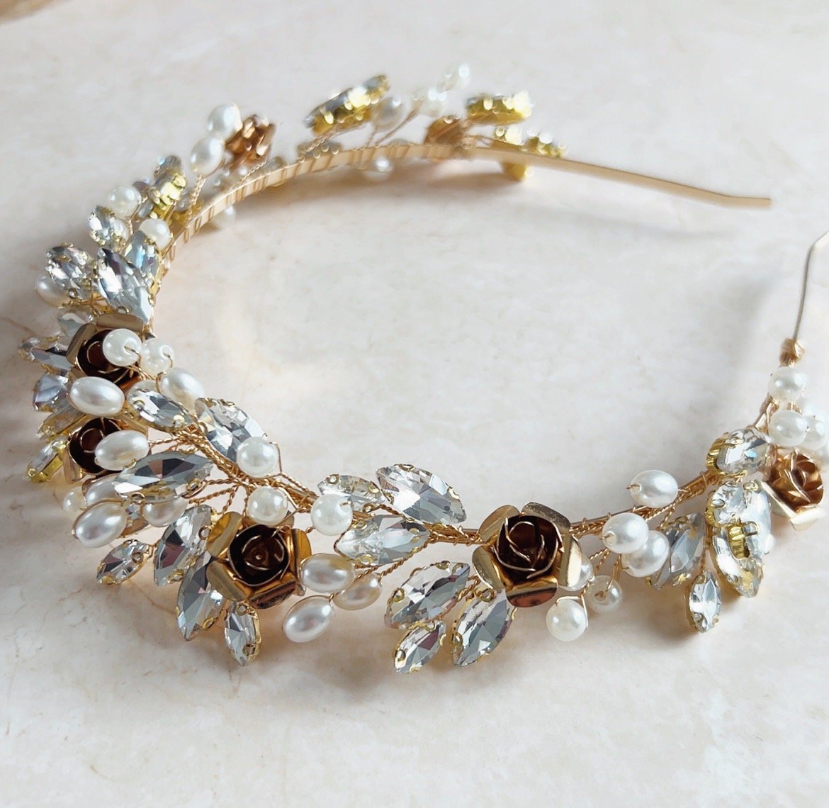 Gold Rose Bridal Headpiece - Petal & Pearl