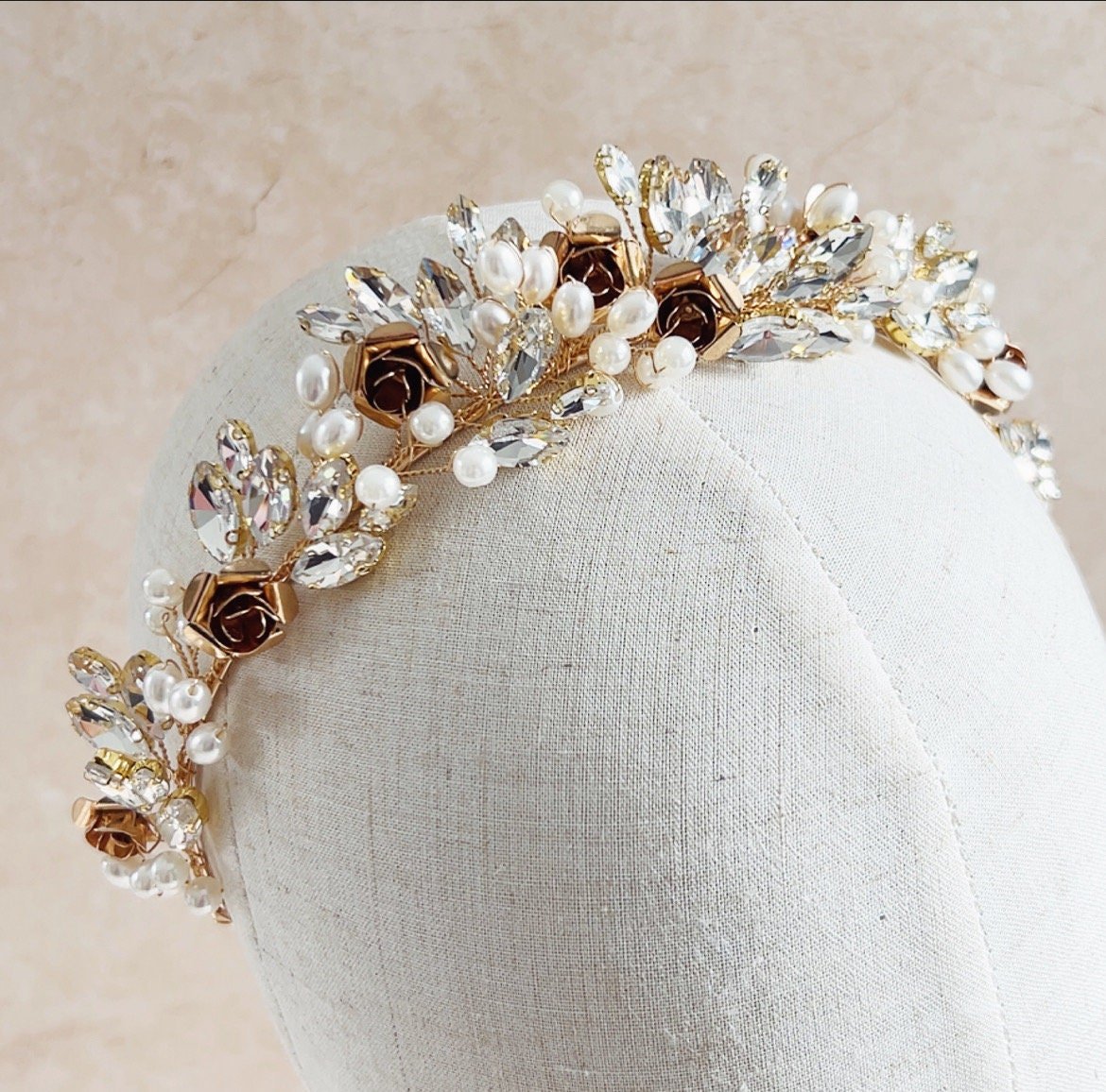 Gold Rose Bridal Headpiece - Petal & Pearl