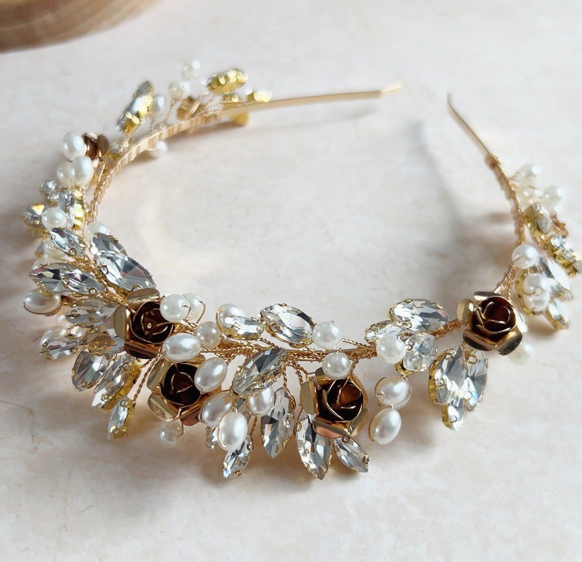 Gold Rose Bridal Headpiece - Petal & Pearl