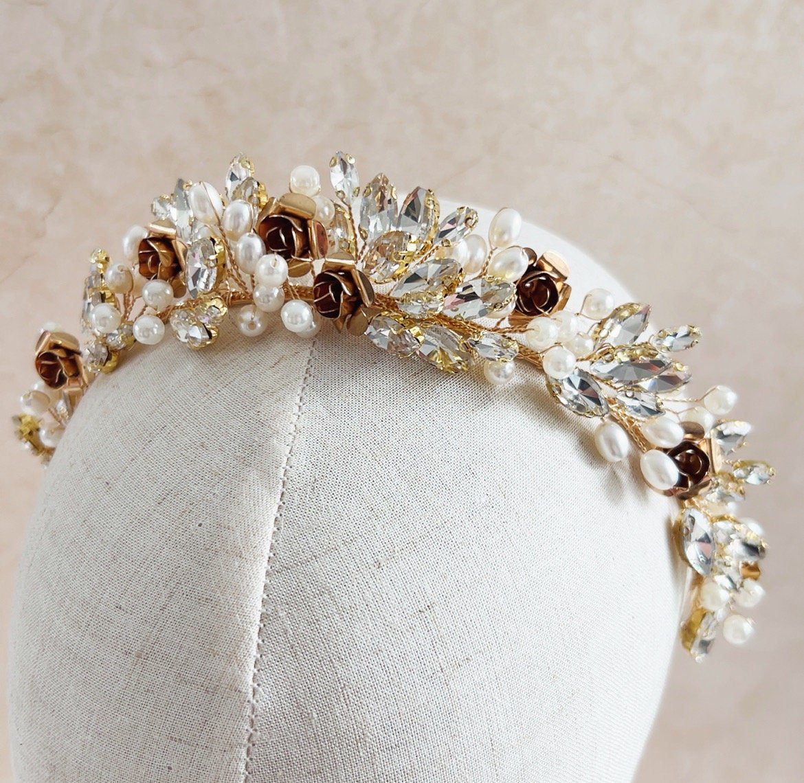 Gold Rose Bridal Headpiece - Petal & Pearl