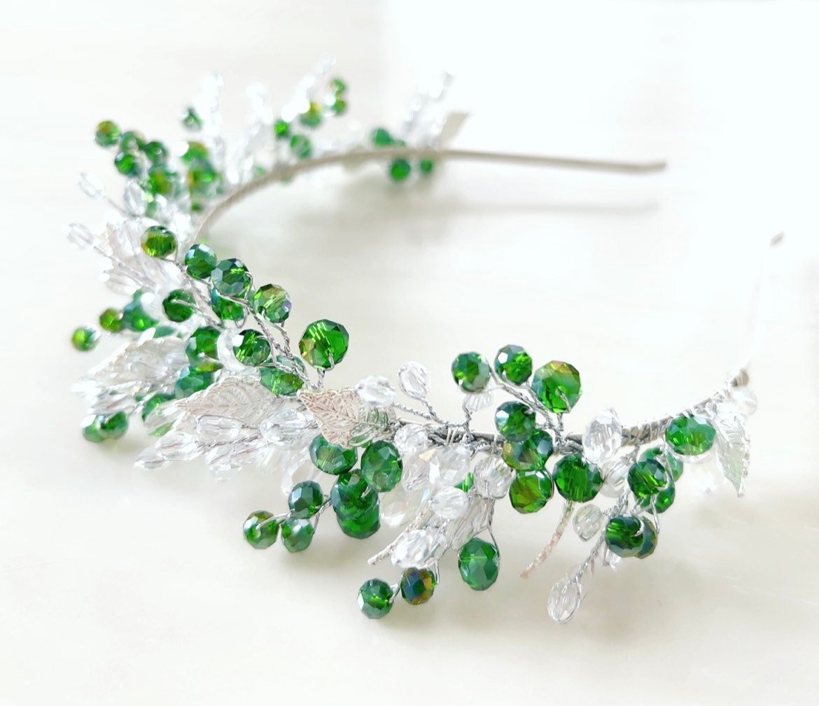 Green bohemian inspired bridal headpiece - Petal & Pearl