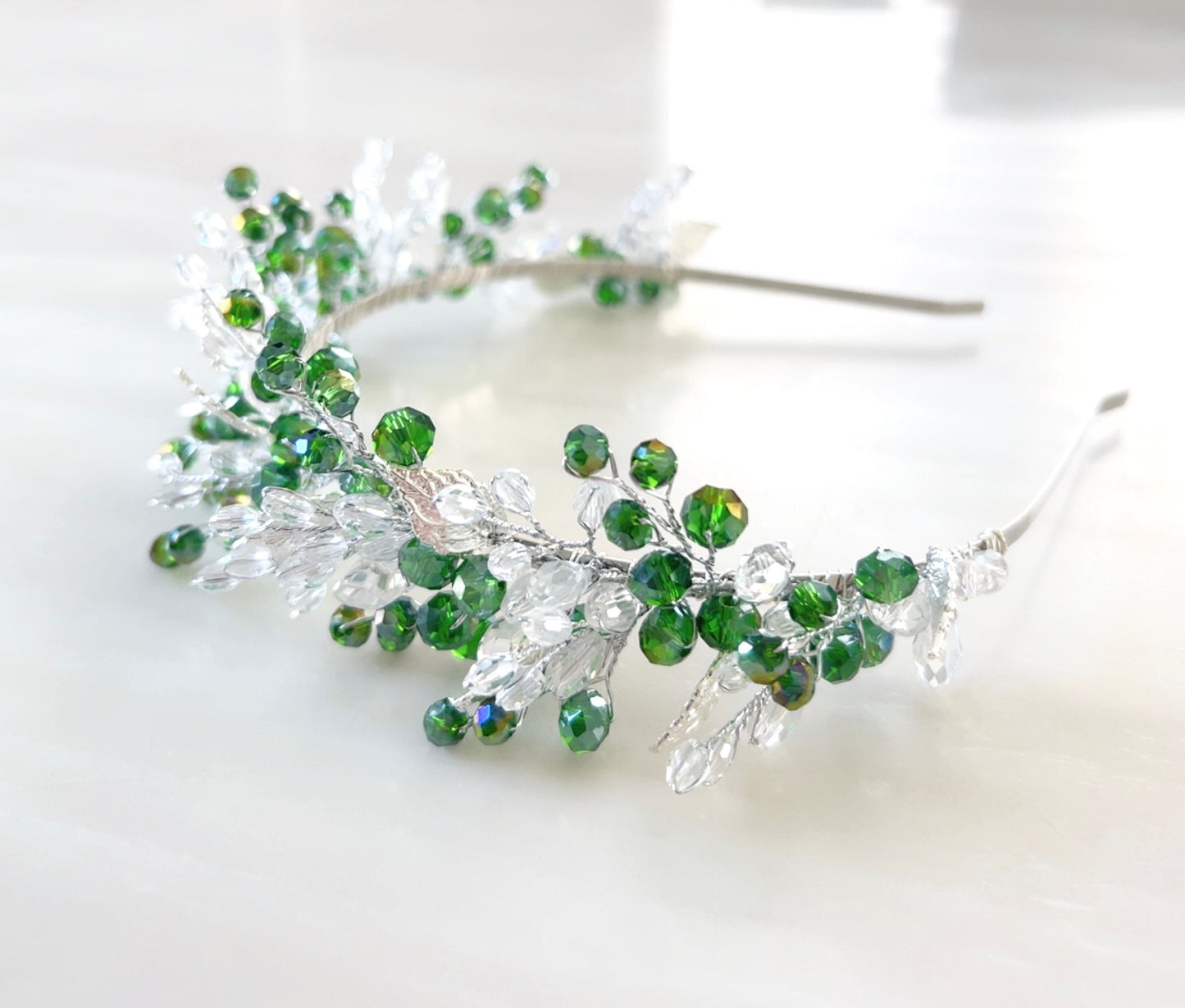 Green bohemian inspired bridal headpiece