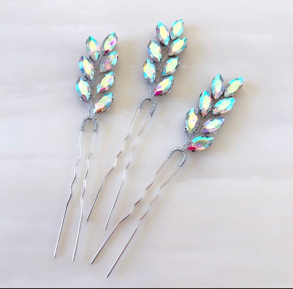 Large mirrored crystal leaf hair pins - Petal & Pearl